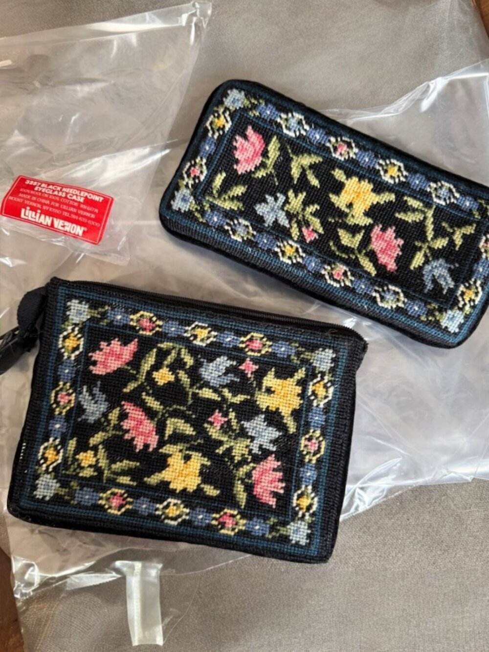 Lillian Vernon Vintage Needlepoint Eyeglass Case & Floral Velvet Clutch 2-PC Set